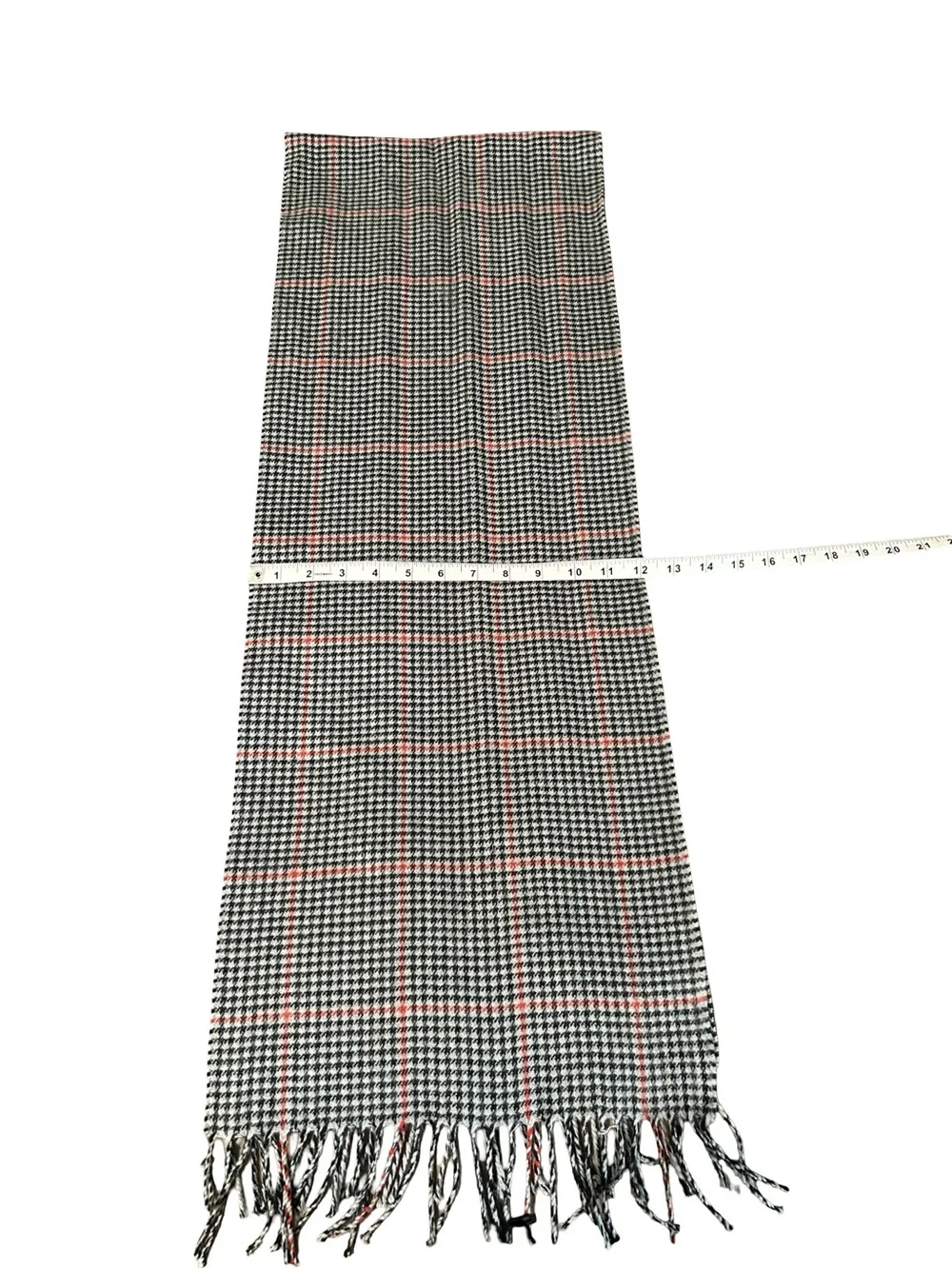 Lands' End Plaid Scarf Black White Red Houndstooth Fringe Winter Classic Cozy